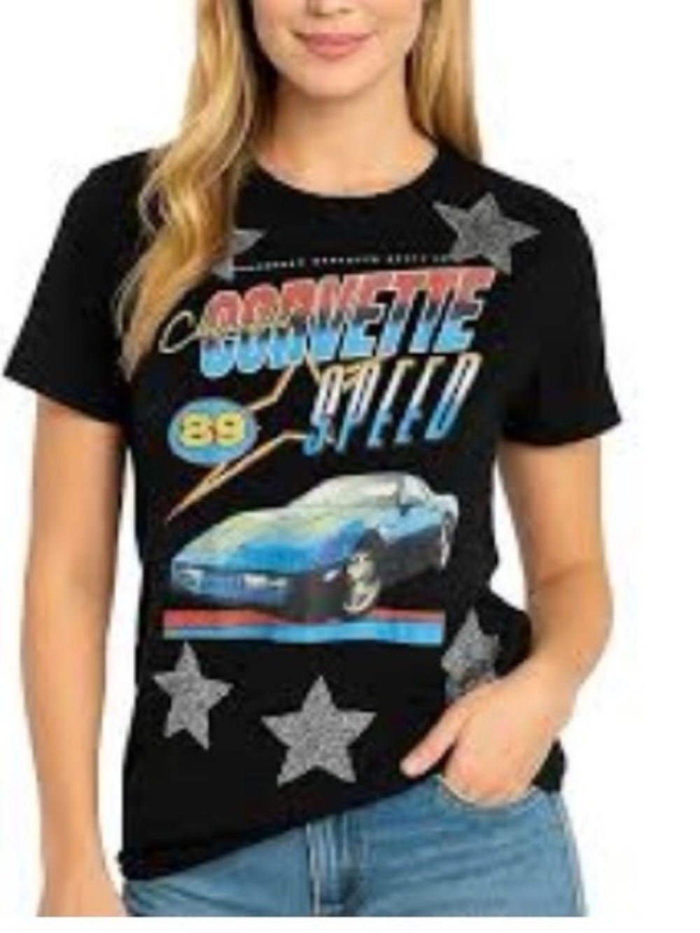 Chemistry Black Graphic Corvette Speed Tee with Blue and Orange Accents ptp 22
